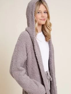 CozyChic® Boucle Youth Hooded Long Coatigan -Barefoot Dreams BDYNV21438 BeachRock 4348