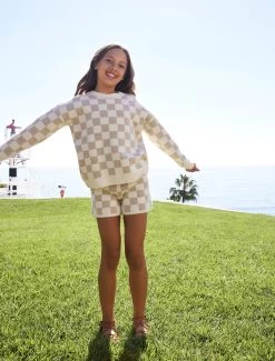 Youth CozyChic® Cotton Checkered Short -Barefoot Dreams BFD SS 24 BDYNV22373 BDYNV22512 Oatmeal Cream 1662 867cea7c a531 4470 8d53 f1c007f8de06
